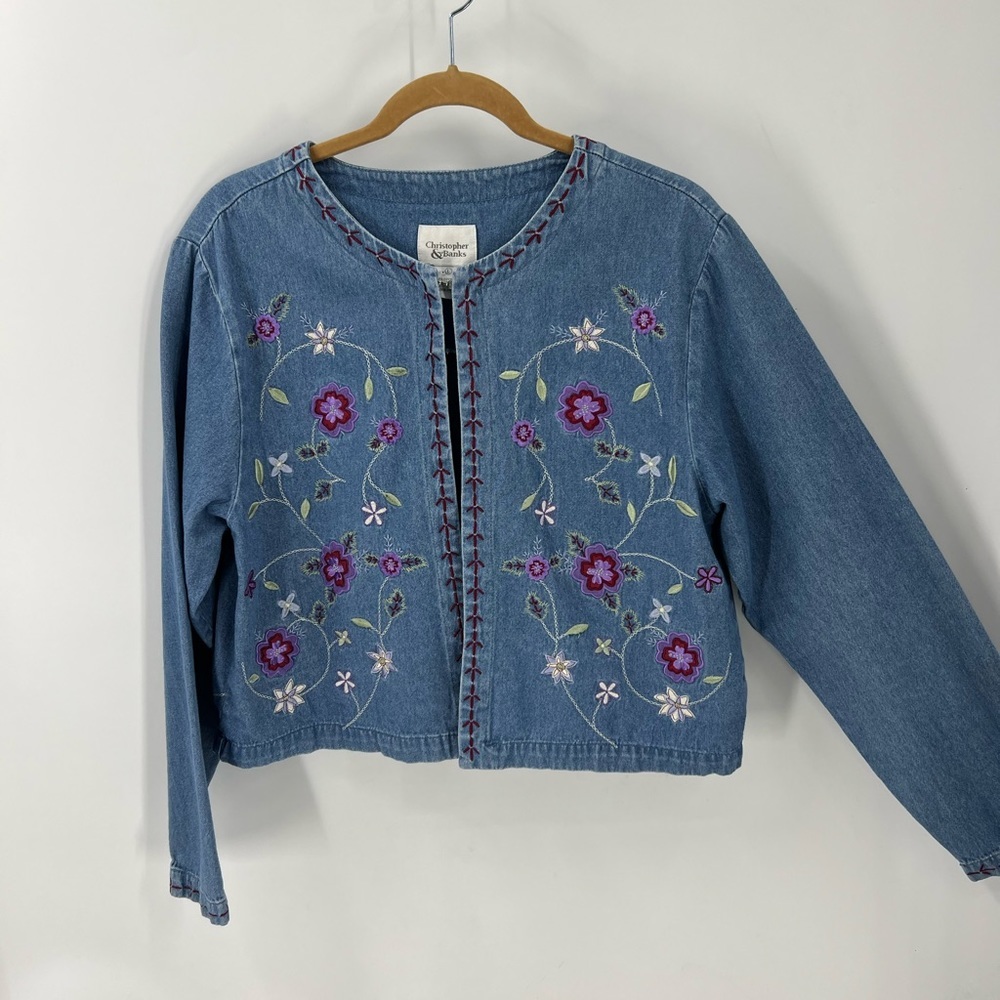 Christopher & Banks vintage 100% cotton lightweight embroidered cropped jacket L - Picture 3 of 13